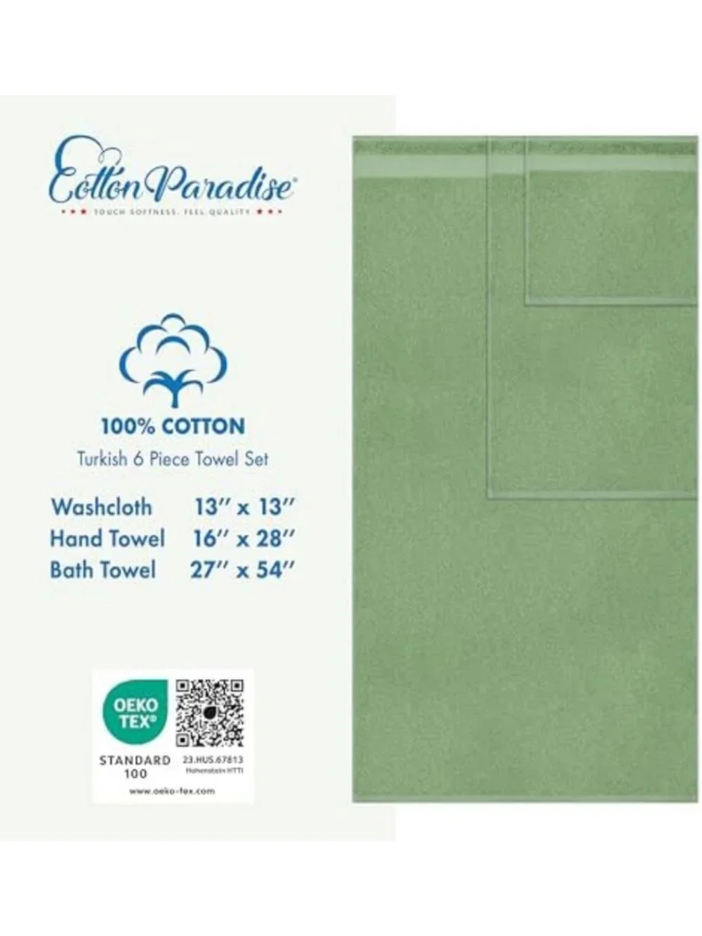 Soft Cotton Towel Set of 6 - 2 Bath, 2 Hand & 2 Washcloths - Green Bathroom